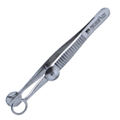 Lambert Chalazion Forceps, Small, Serrated Handle With Polished Finish, Locking Thumb Screw, Round Solid 10mm Wide Lower Plate, Open Upper Plate With Inside Diameter Of 8mm, And Overall Length Of 3 5/8" (92mm)  